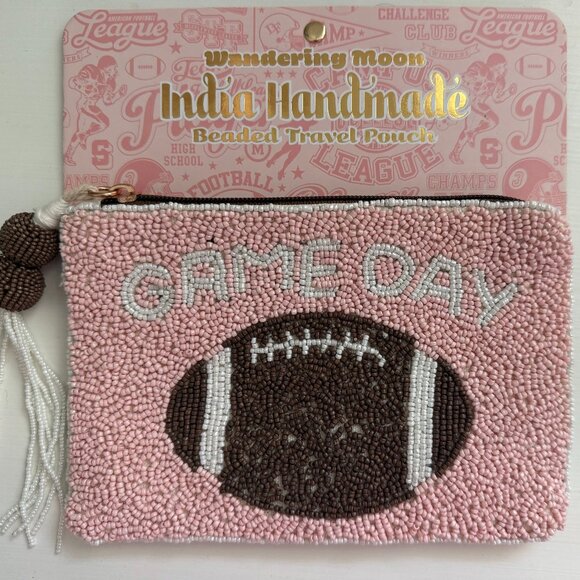 NWT Handmade in India Pink Football GAME DAY Travel Beaded Pouch Viral - Picture 1 of 1